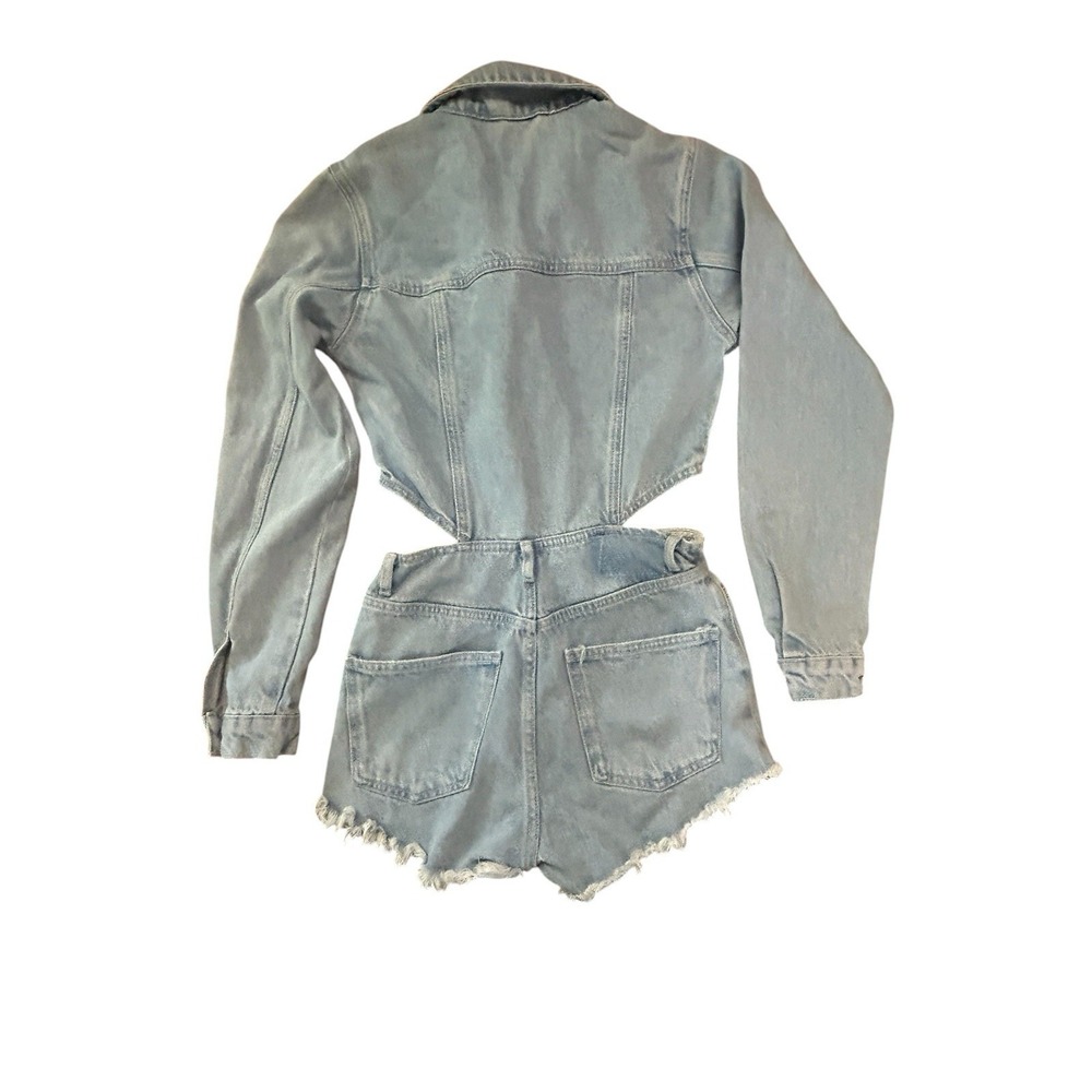 Zara Cut Out Denim Short Blue Jumpsuit SZ S Distressed Romper - Picture 4 of 9